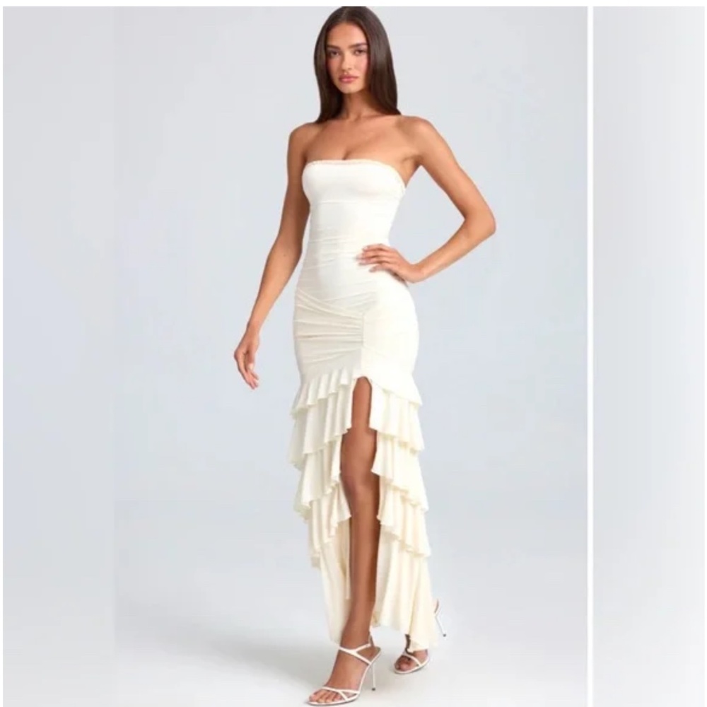 New With Tags: Bandeau Ruched Ruffle-Trim Maxi Dress in Ivory